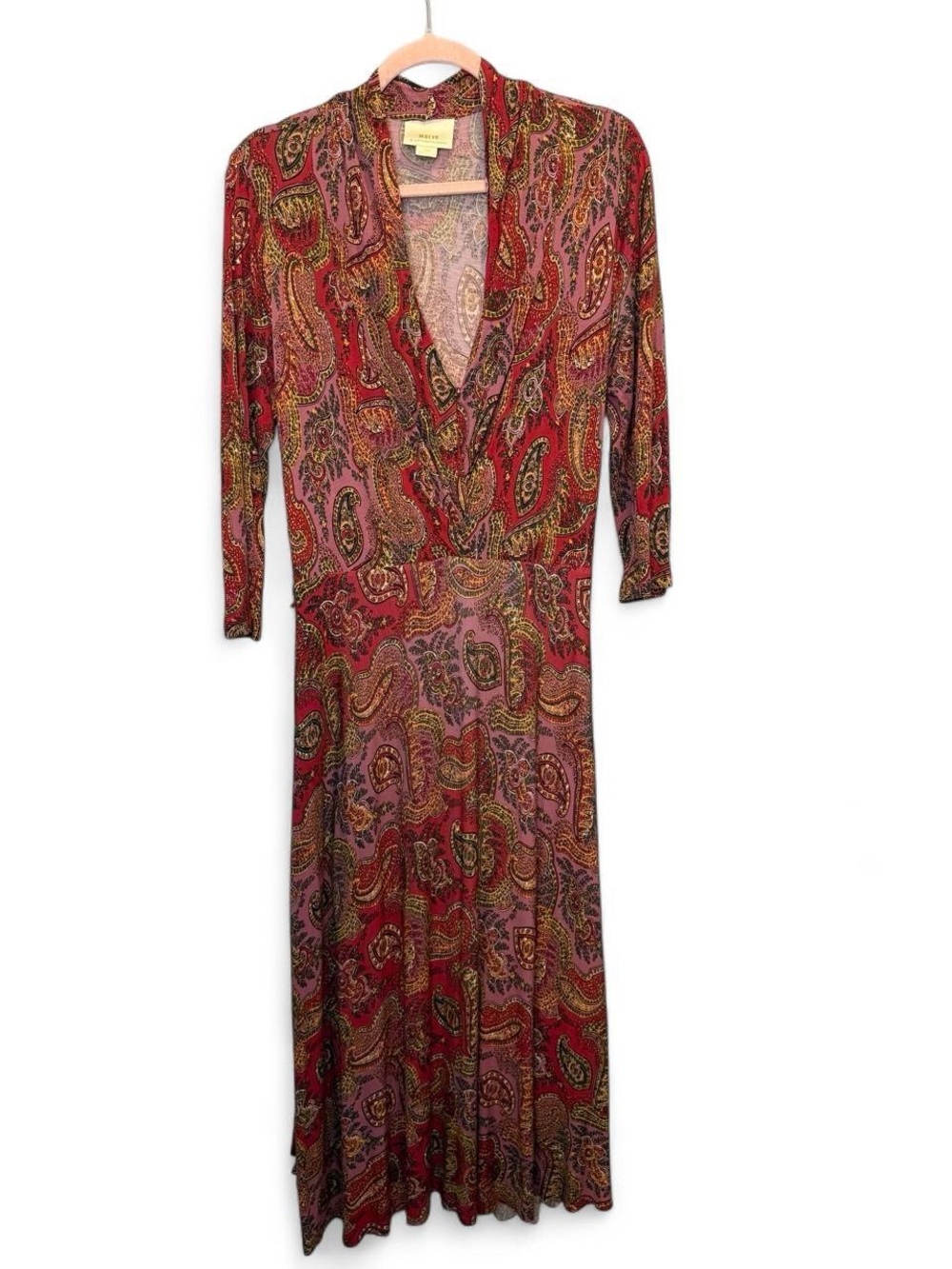 Maeve Anthropologie Paisley Faux Wrap Midi Dress Pink Red Large